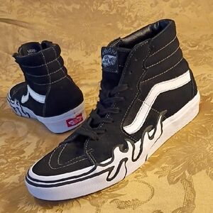 VANS Sk8-Hi Black Leather/Suede With Flames and White Men's 8.0 Women's 9.5